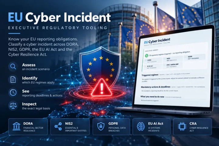 EU Cyber Incident banner — incident classification across DORA, NIS2, GDPR, the EU AI Act and the CRA, with the EU shield emblem and a reporting-deadline dashboard