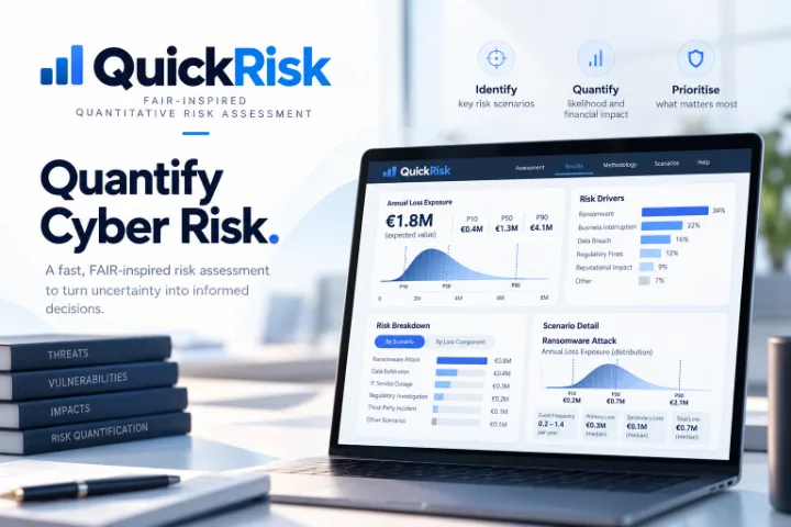 QuickRisk banner — a quantitative cyber-risk dashboard showing an expected annual loss exposure of 1.8 million euro with P10, P50 and P90 ranges, ranked risk drivers and a per-scenario loss breakdown